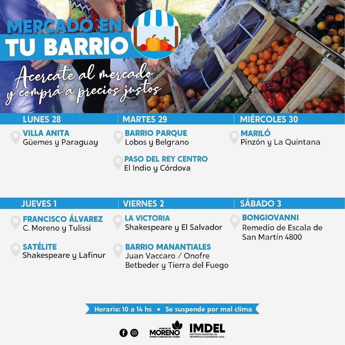 El calendario de "Mercado en tu Barrio" que compartieron en Moreno dirigido hacia los vecinos.