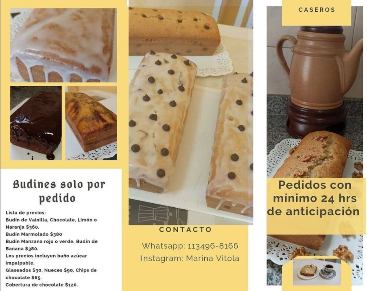 Marina Vitola, vecina de Haedo, ofrece todo tipo de budines, con una gran variedad de sabores simples y combinados. Sus creaciones fueron recomendadas en un video por la estrella de la movida tropical, Gladys la Bomba Tucumana.