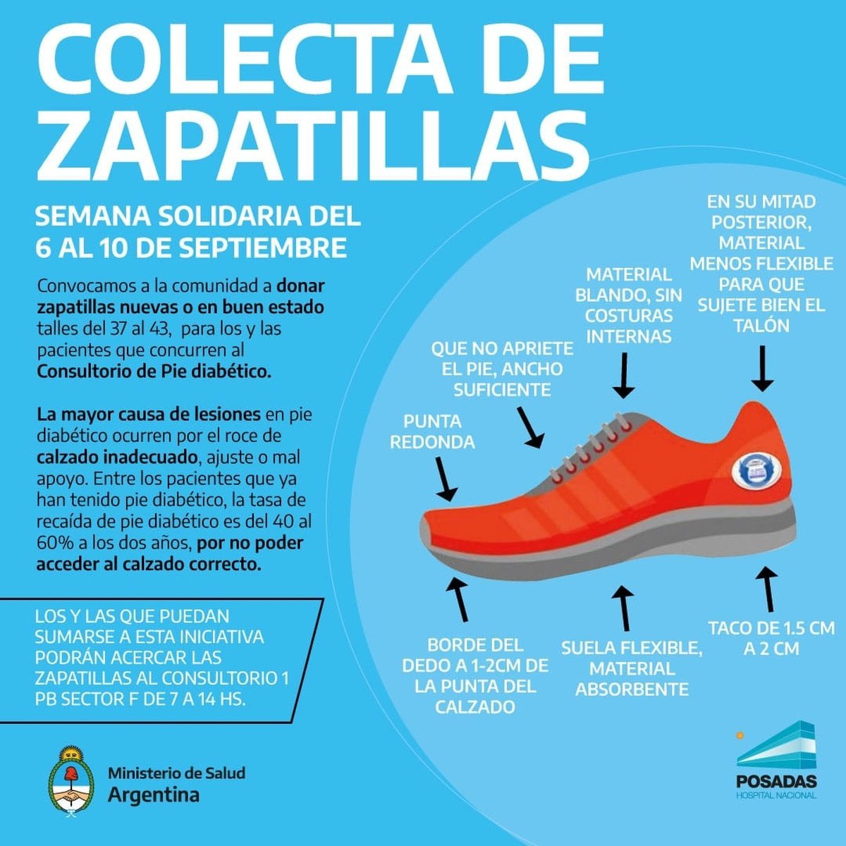 El Hospital Posadas se encuentra realizando esta semana una campa&ntilde;a solidaria para recolectar zapatillas para pacientes con pie diab&eacute;tico.