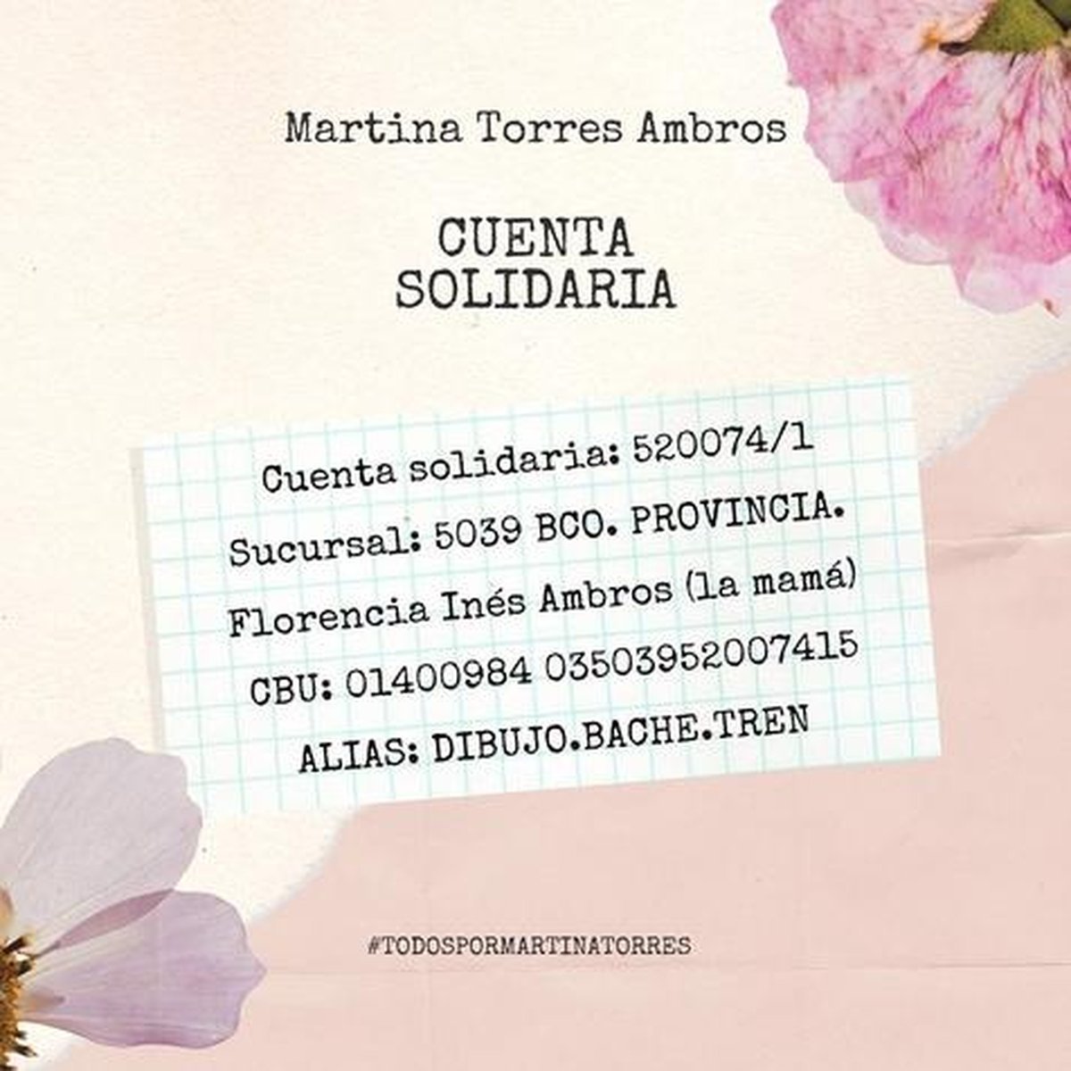 Los datos de la campa&ntilde;a solidaria est&aacute;n en las redes sociales con el hashtag #TodosPorMartinaTorres