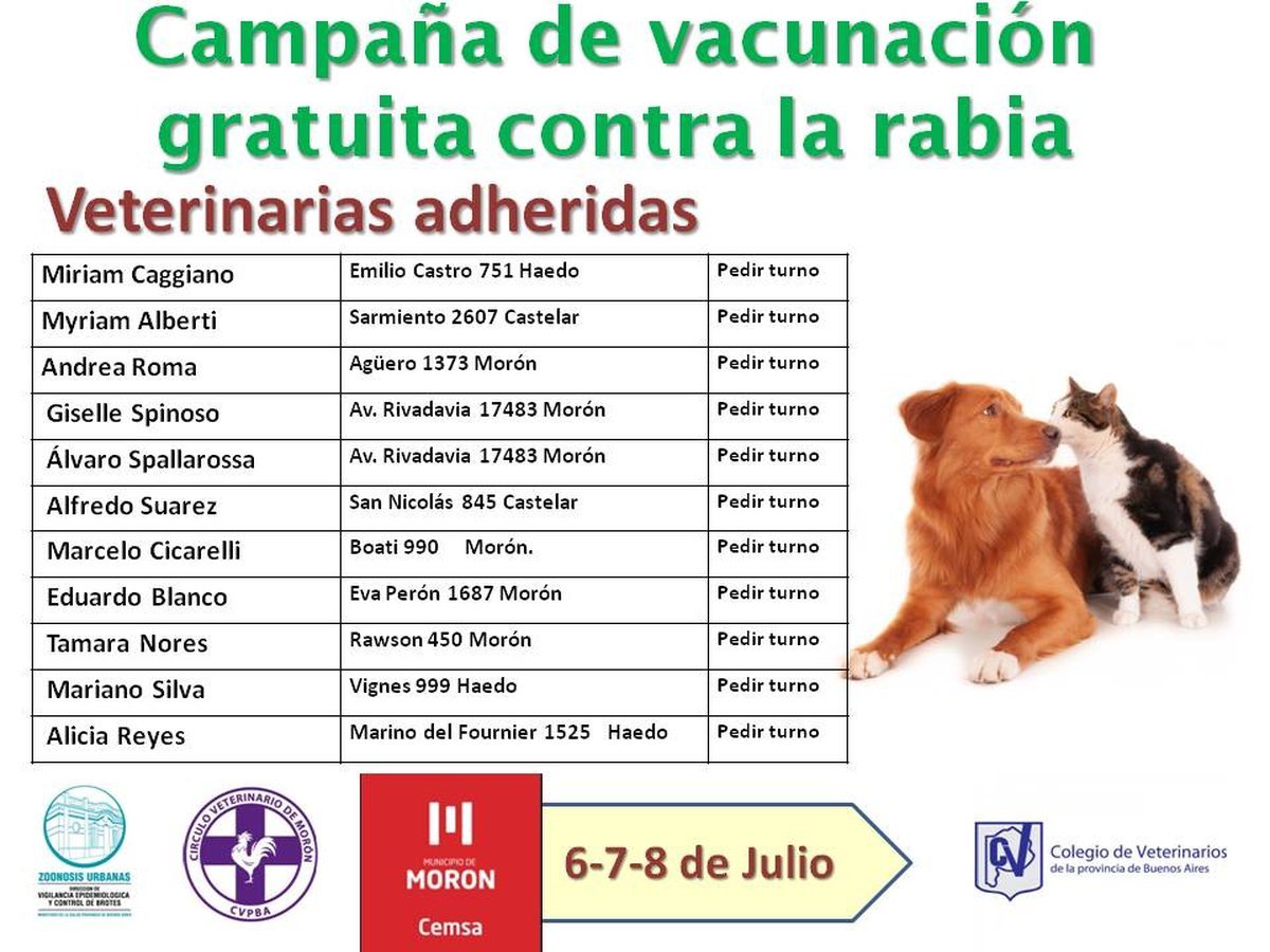 Las veterinarias de Mor&oacute;n que se sumaron a la campa&ntilde;a gratuita de vacunaci&oacute;n y que ahora brindar&iacute;an atenci&oacute;n gratuita