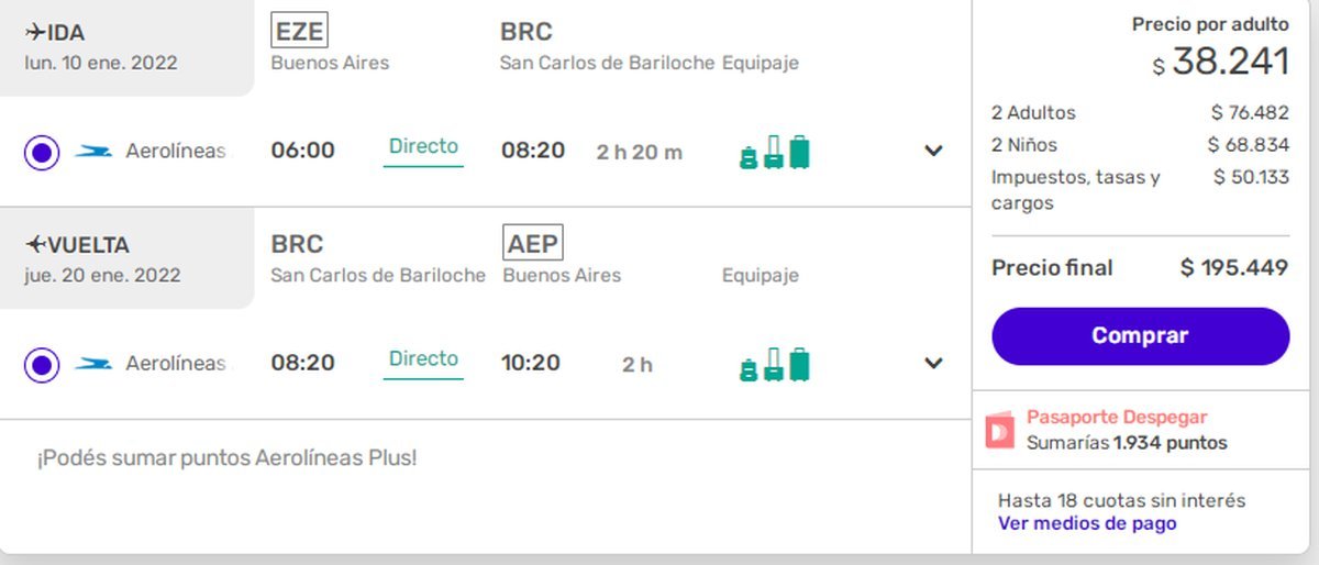 Turismo: los costos de pasajes de Buenos Aires a Bariloche v&iacute;a Aerol&iacute;neas Argentinas