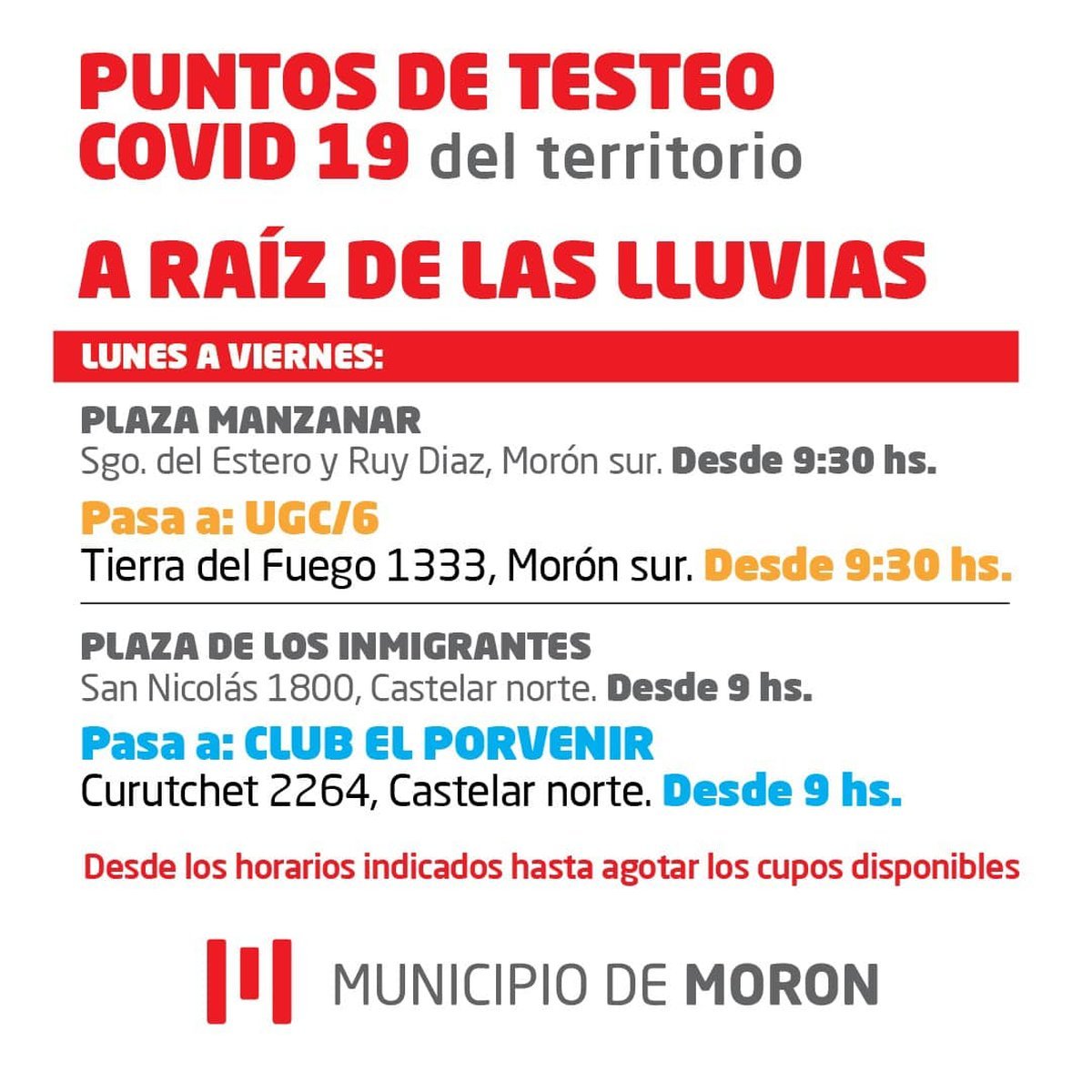 Cambios en los centros de testeo de Mor&oacute;n por las lluvias previstas para esta semana.