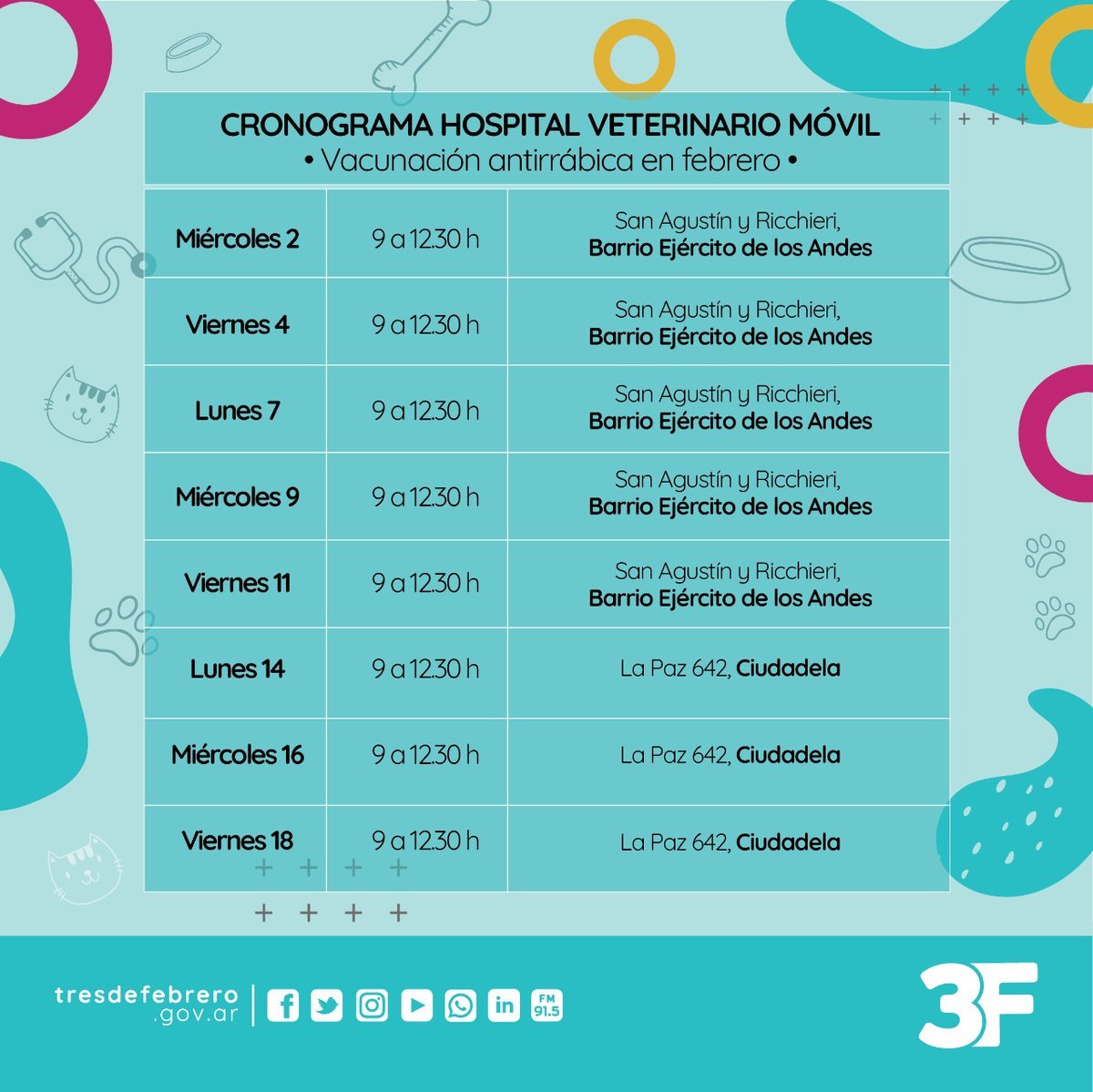Horarios del Hospital Veterinario M&oacute;vil de Tres de Febrero en febrero.
