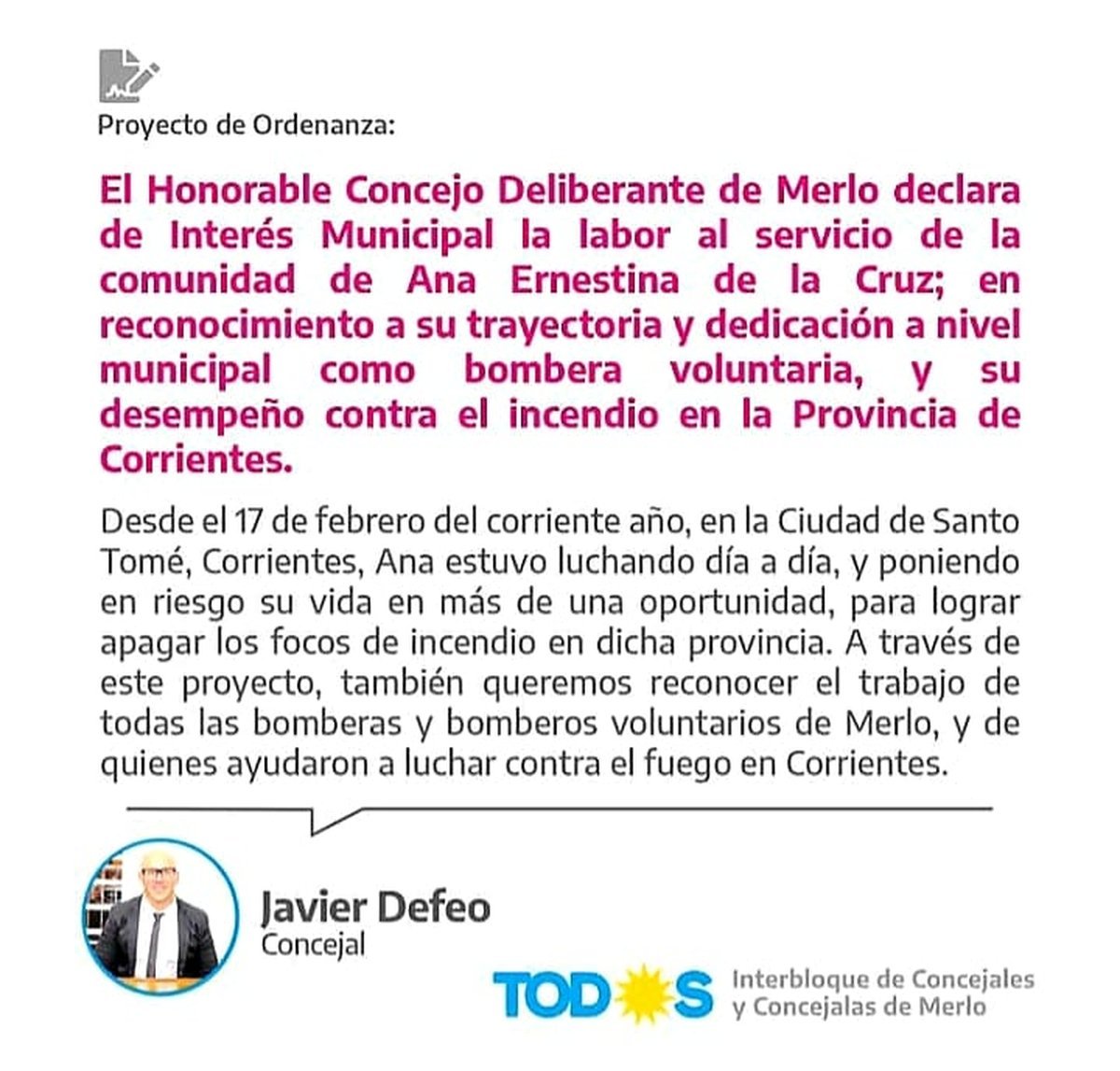 En Merlo reconocer&aacute;n el trabajo de una bombero voluntaria que combati&oacute; los incendios en Corrientes