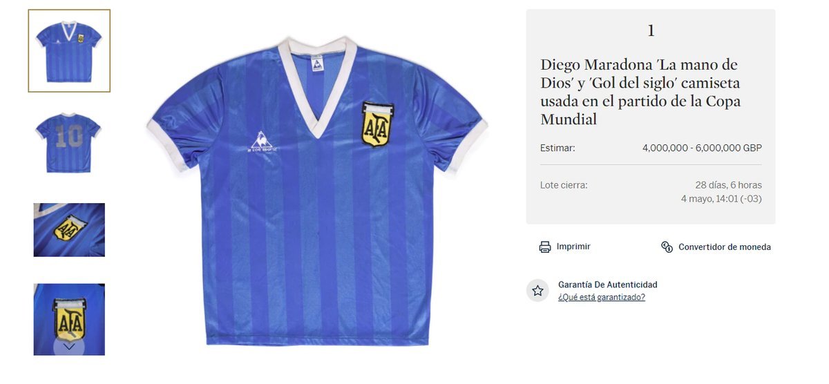 La casa de subasta inglesa anunci&oacute; la subasta de la ic&oacute;nica camiseta argentina usada por Diego Maradona en el Mundial 86