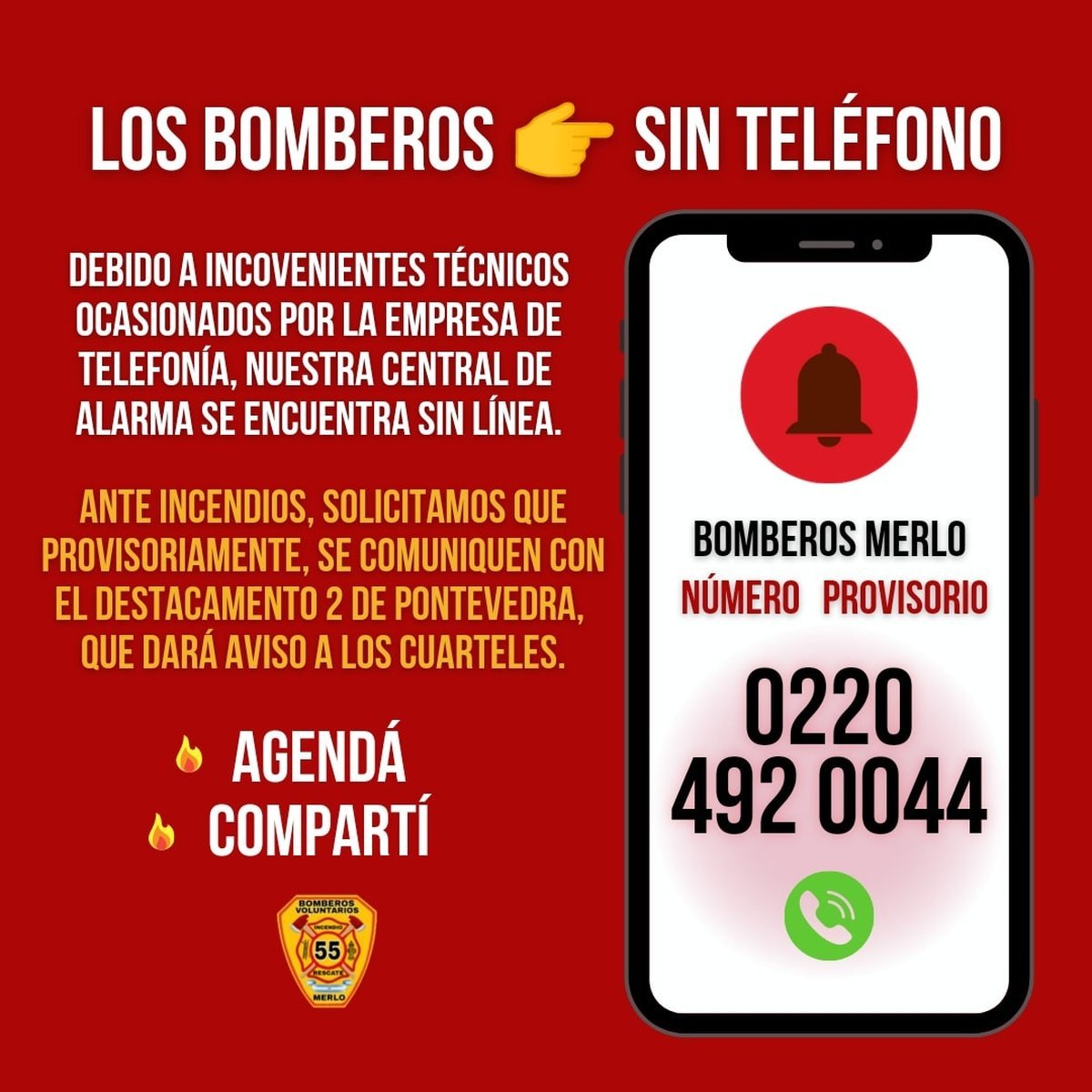 Los Bomberos Voluntarios de Merlo comentaron en su Facebook que no tienen l&iacute;nea telef&oacute;nica