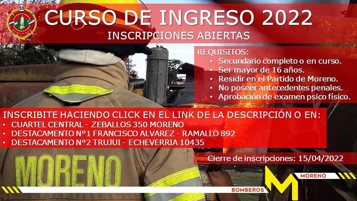 Los Bomberos Voluntarios de Moreno abrieron la inscripci&oacute;n para el Curso de Ingreso 2022