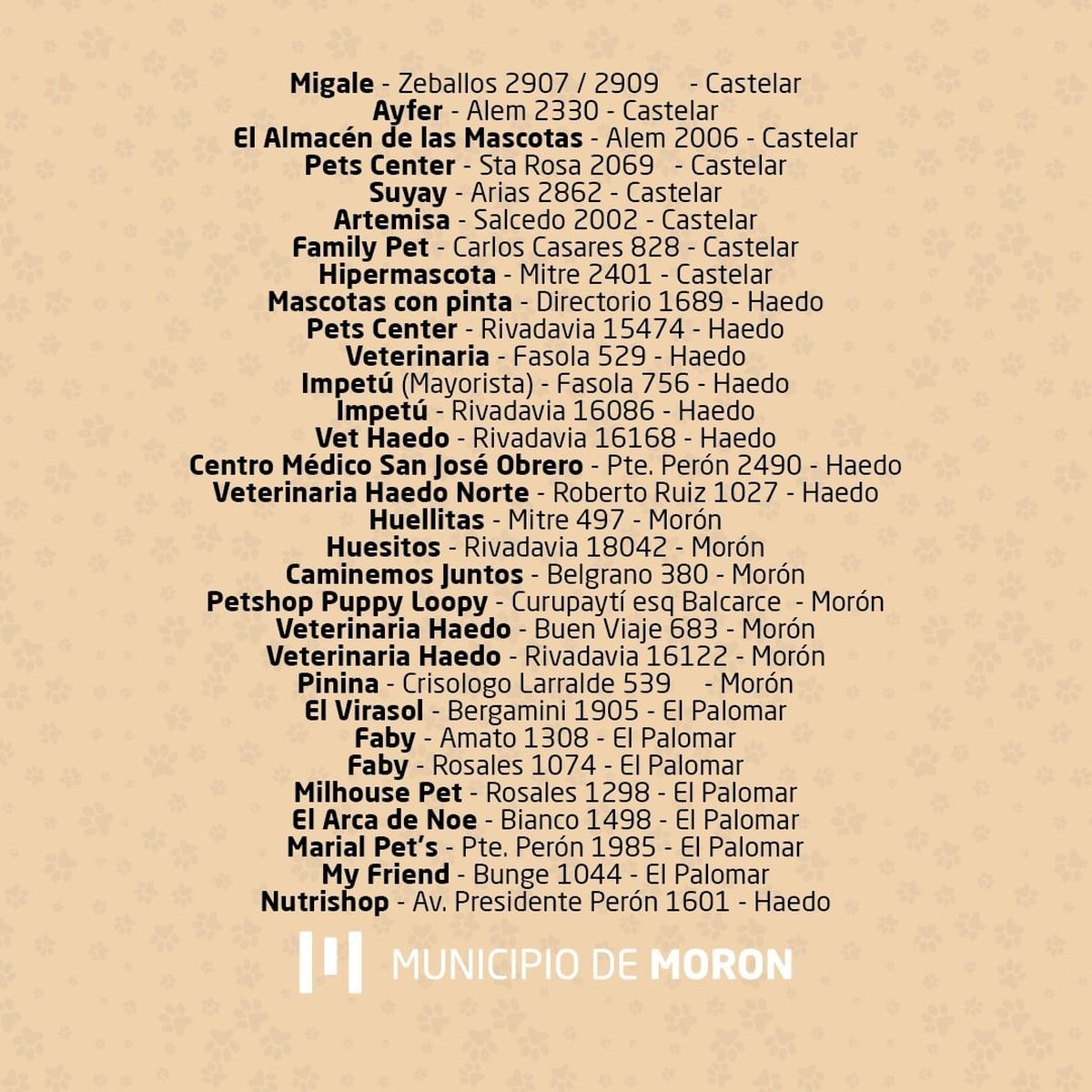 Veterinarias y comercios adheridos a la Semana de los Animales en Mor&oacute;n informados por el Municipio.