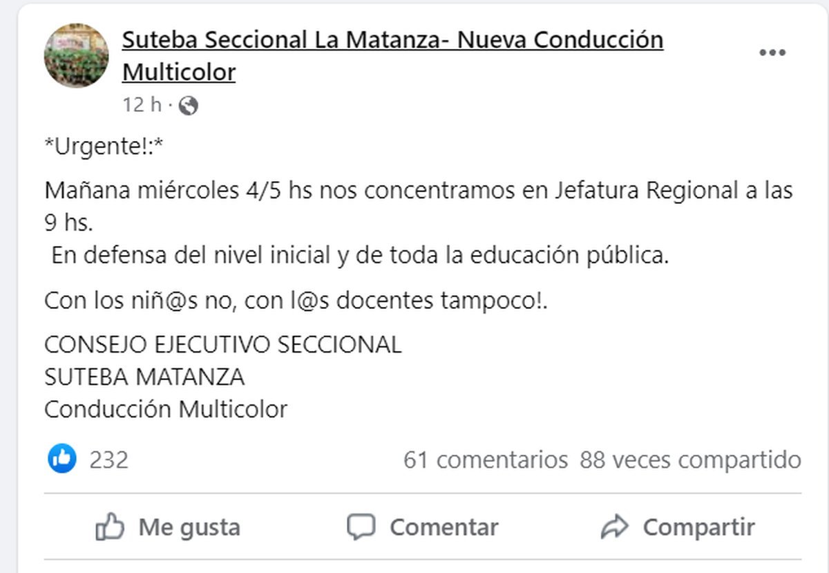 El comunicado del gremio de docentes SUTEBA anunciando la marcha por los incidentes de Virrey del Pino.
