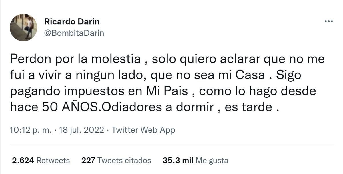 Ricardo Dar&iacute;n contest&oacute; a trav&eacute;s de su cuenta de twitter.