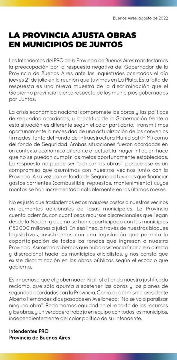 El comunicado que los Intendentes del PRO emitieron a la Provincia.