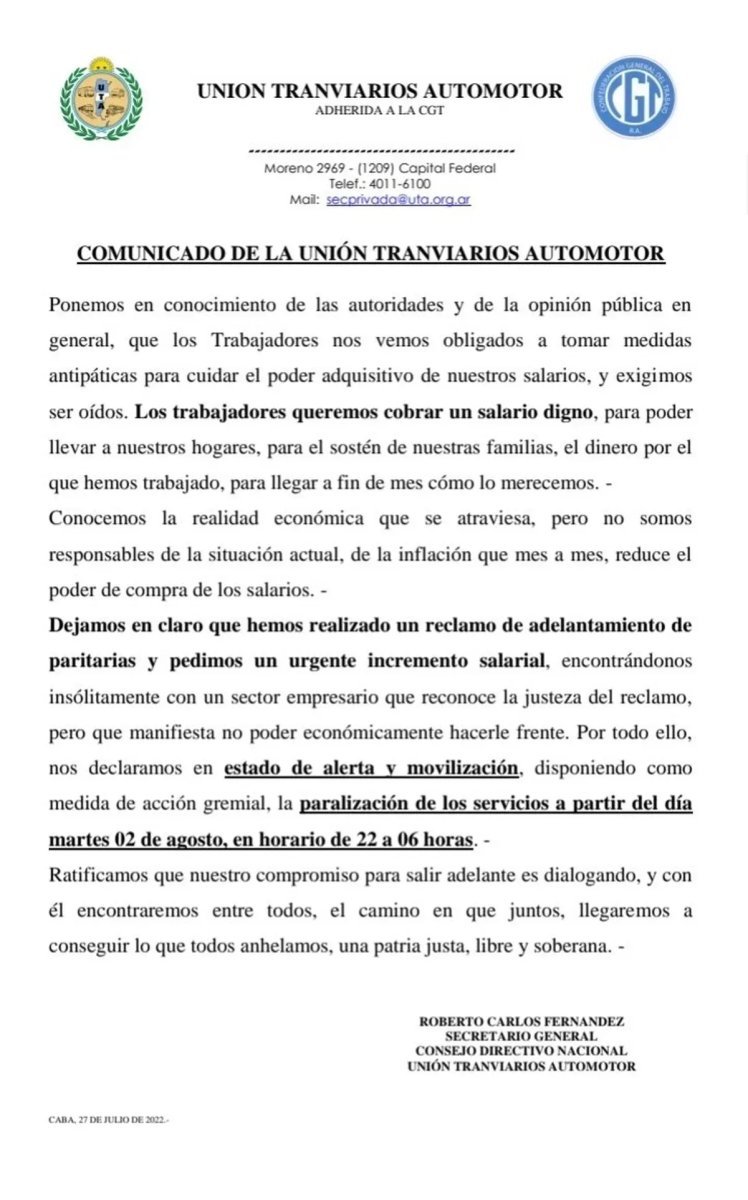 El comunicado que emiti&oacute; la Uni&oacute;n Tranviarios Automotor sobre el paro nocturno de colectivos en AMBA.