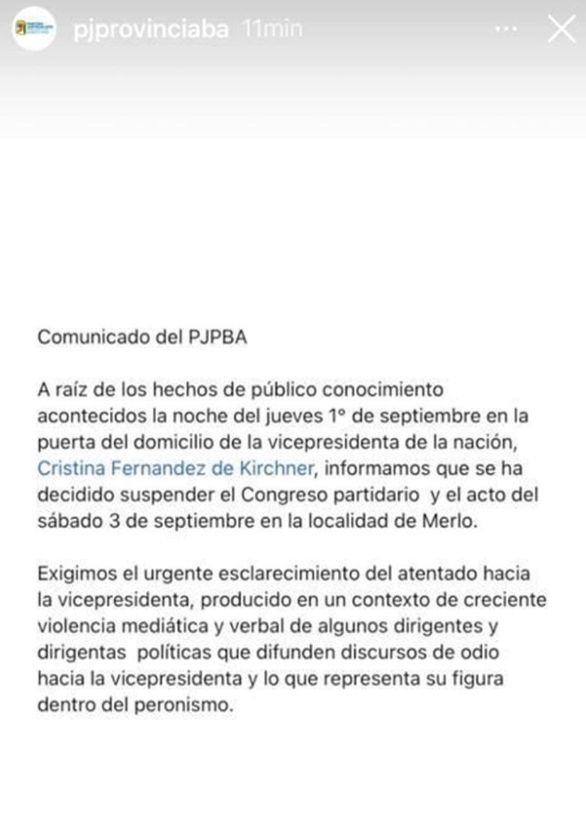 Comunicado del PJ Bonaerense sobre el acto de Cristina Fern&aacute;ndez.