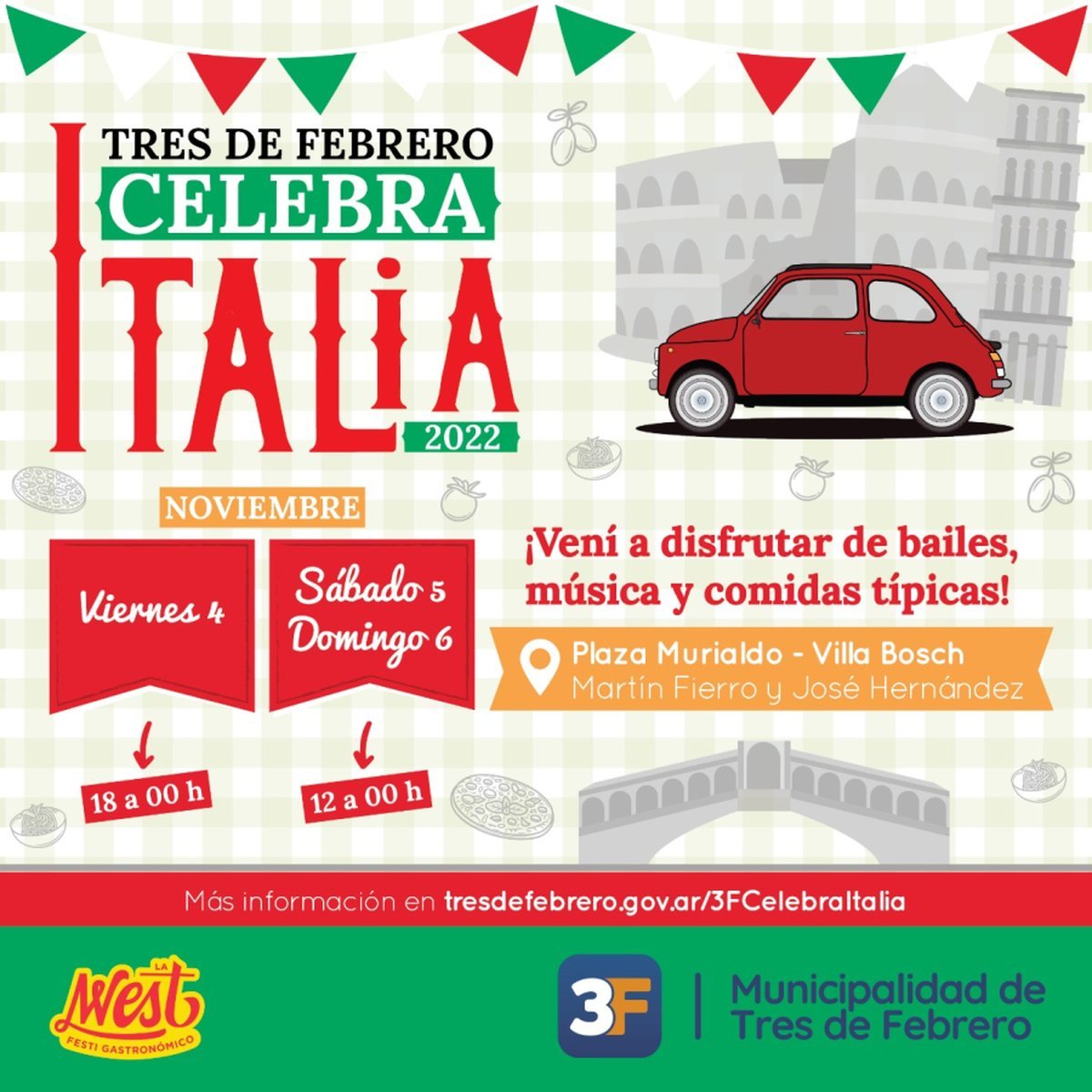 Tres de Febrero celebrar&aacute; Italia con varias propuestas.