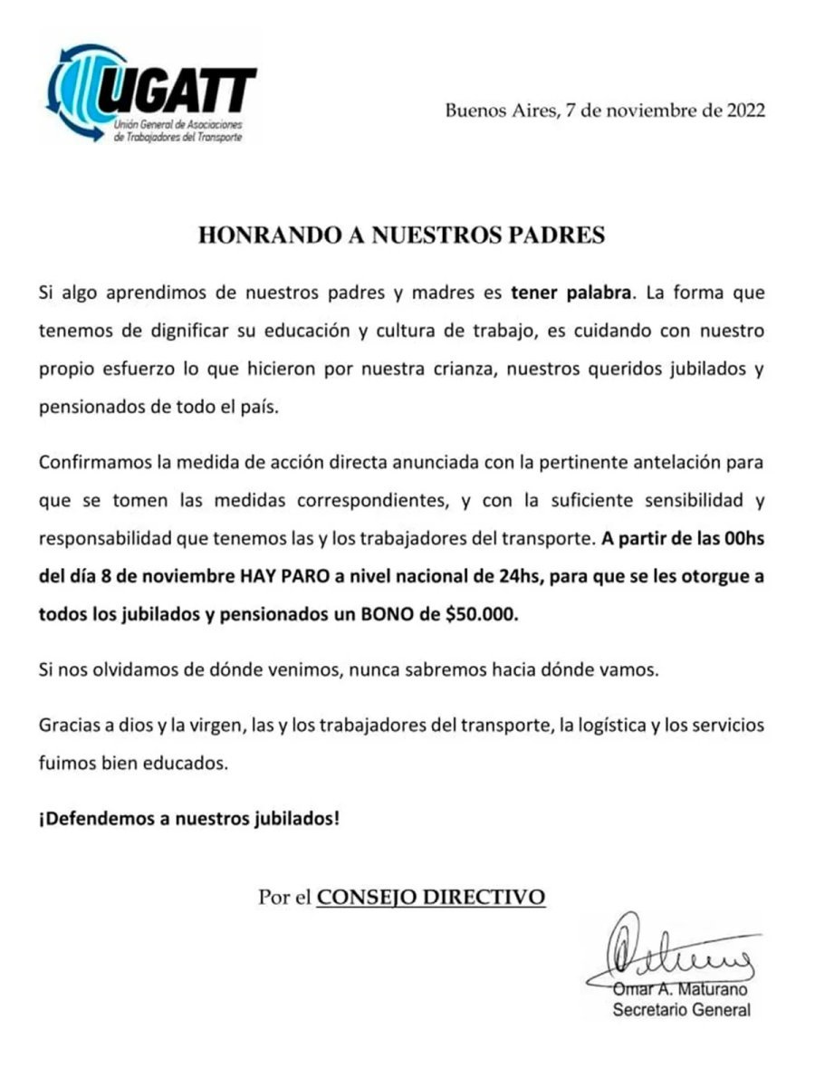 Comunicado de UGATT sobre el paro de trenes.