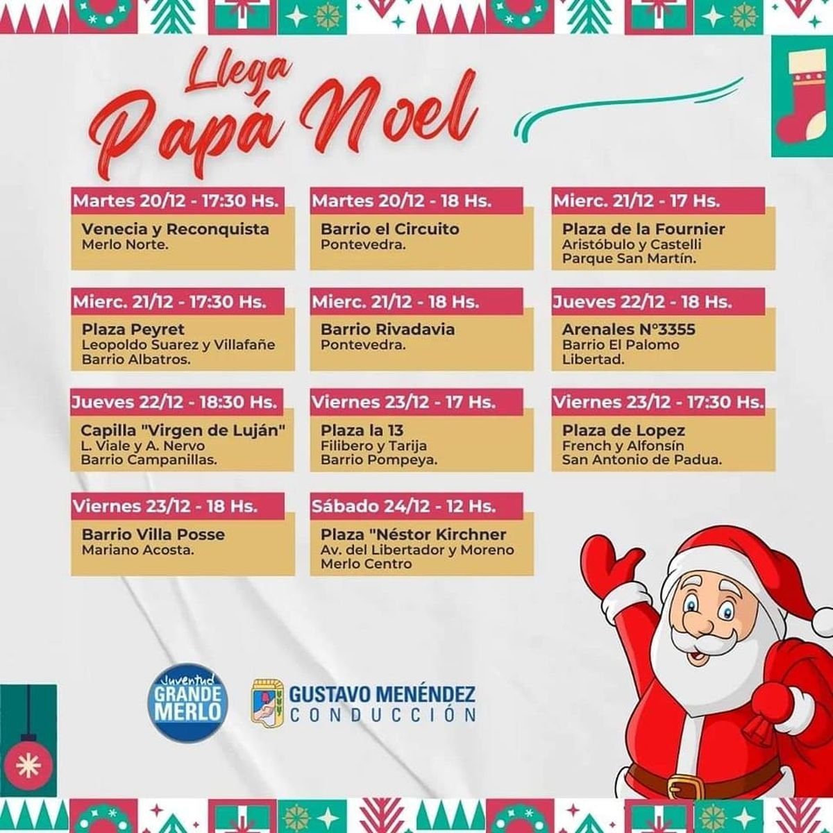 Pap&aacute; Noel recorrer&aacute; barrios del partido de Merlo.