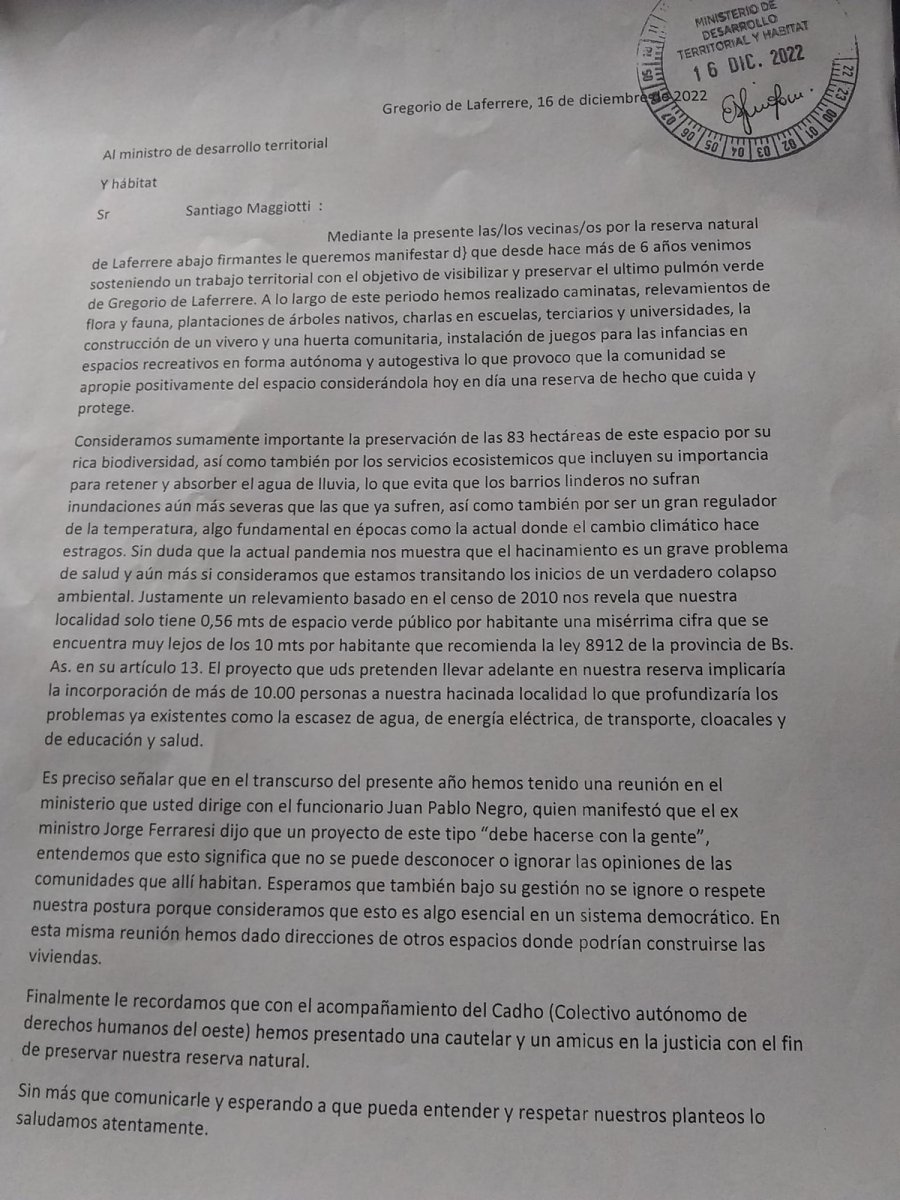 Presentaci&oacute;n de Vecinos por la Reserva Natural de Laferrere ante el Ministerio de Desarrollo Territorial y H&aacute;bitat de la Naci&oacute;n.