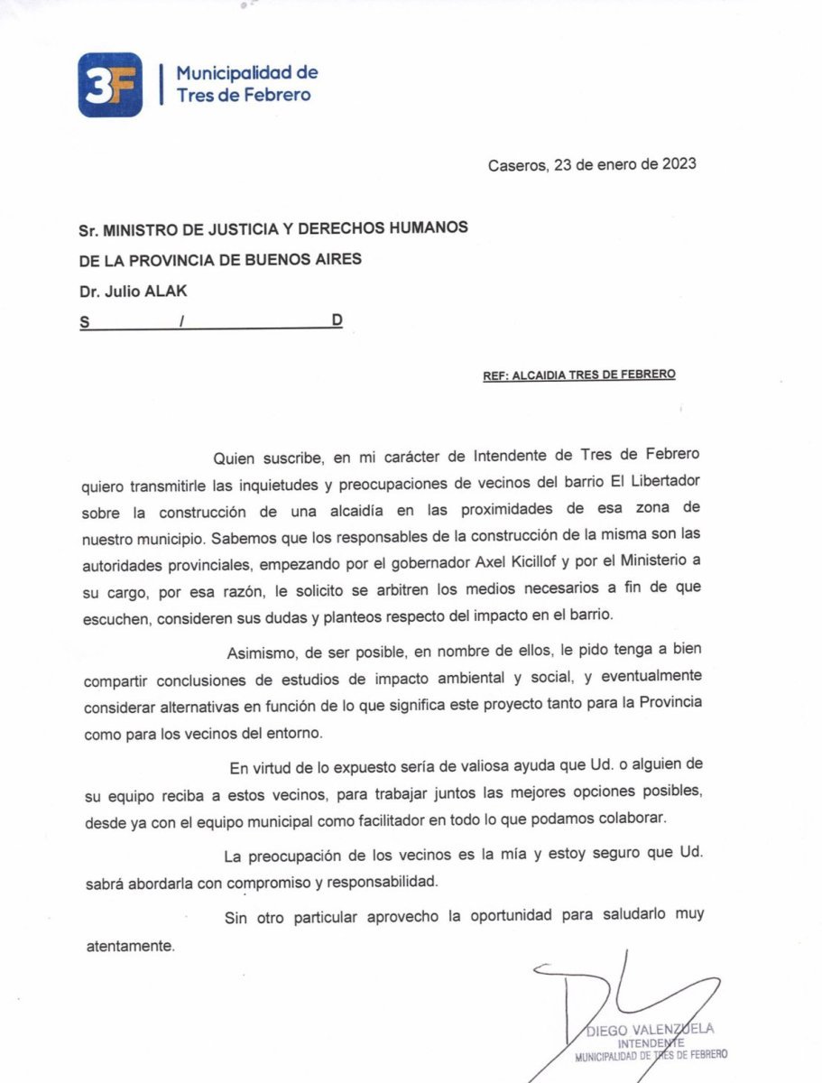 La carta de Tres de Febrero al Gobierno provincial.