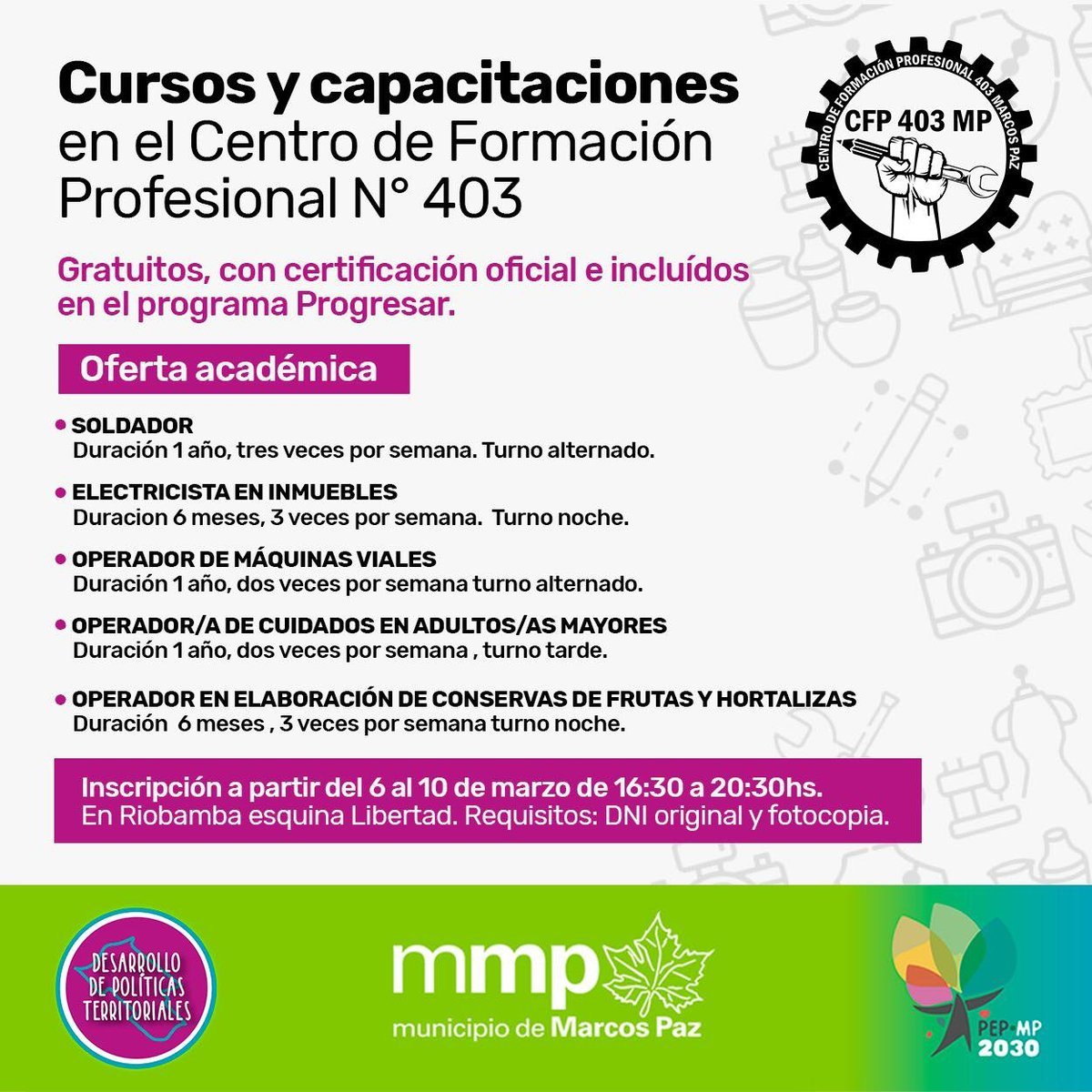 El CFP N&deg;403 de Marcos Paz abrir&aacute; la inscripci&oacute;n.