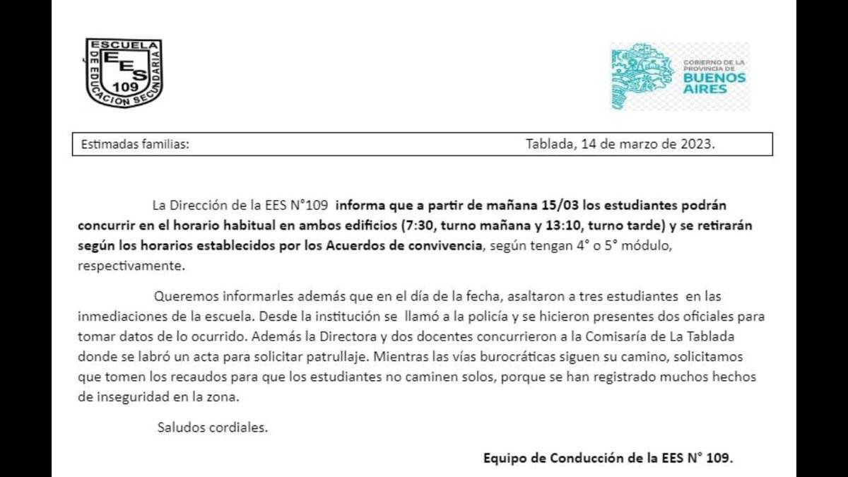 El comunicado de la secundaria de La Tablada.