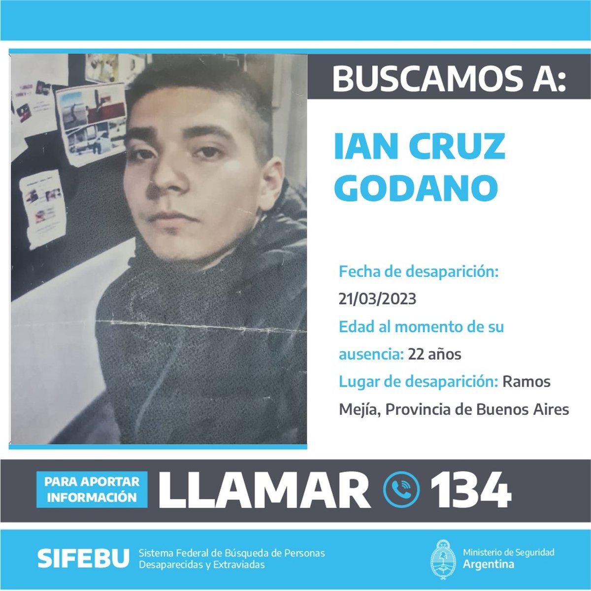 El flyer del Ministerio de Seguridad de la Naci&oacute;n para encontrar al joven de Villa Celina.