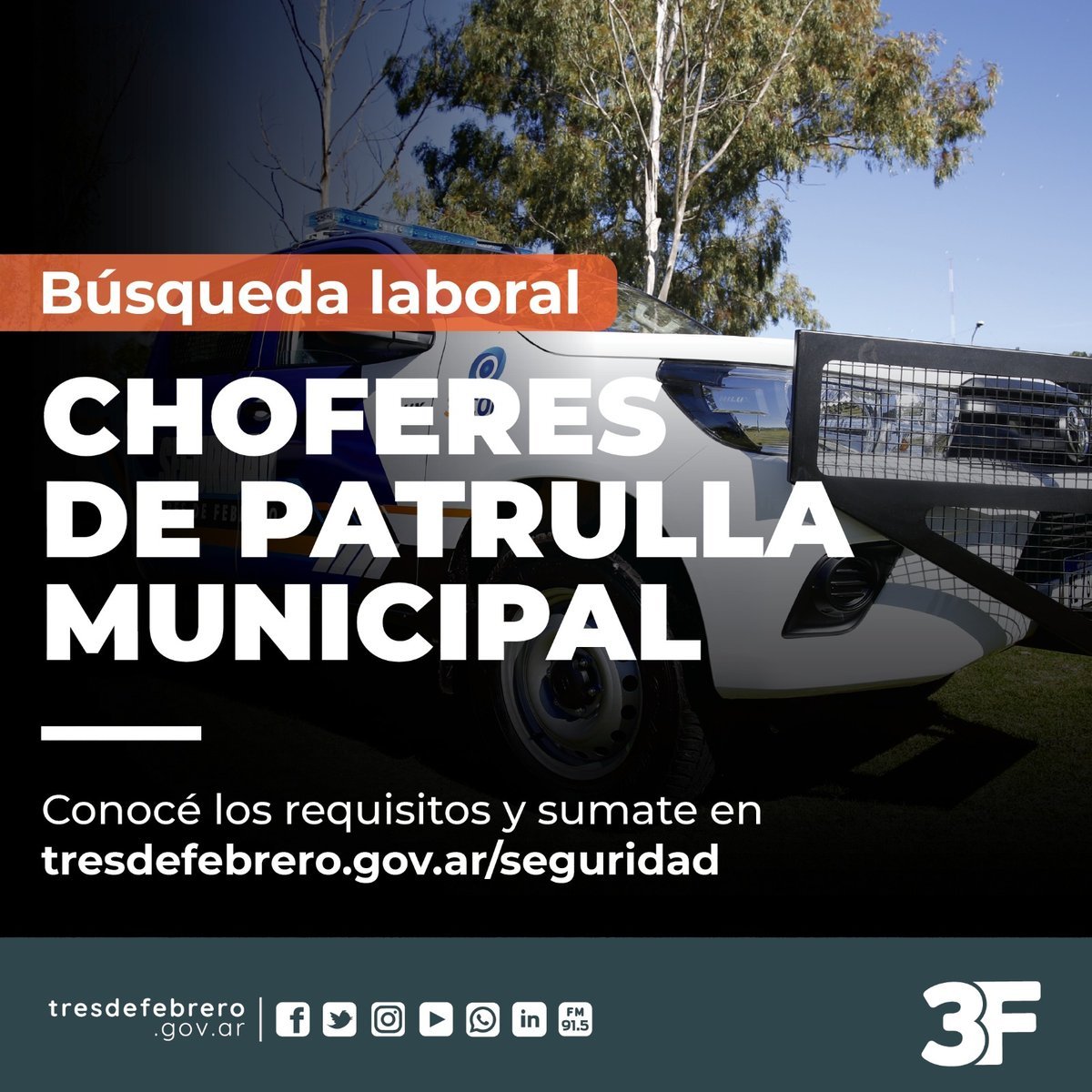 Tres de Febrero busca conductores para sus patrulleros.