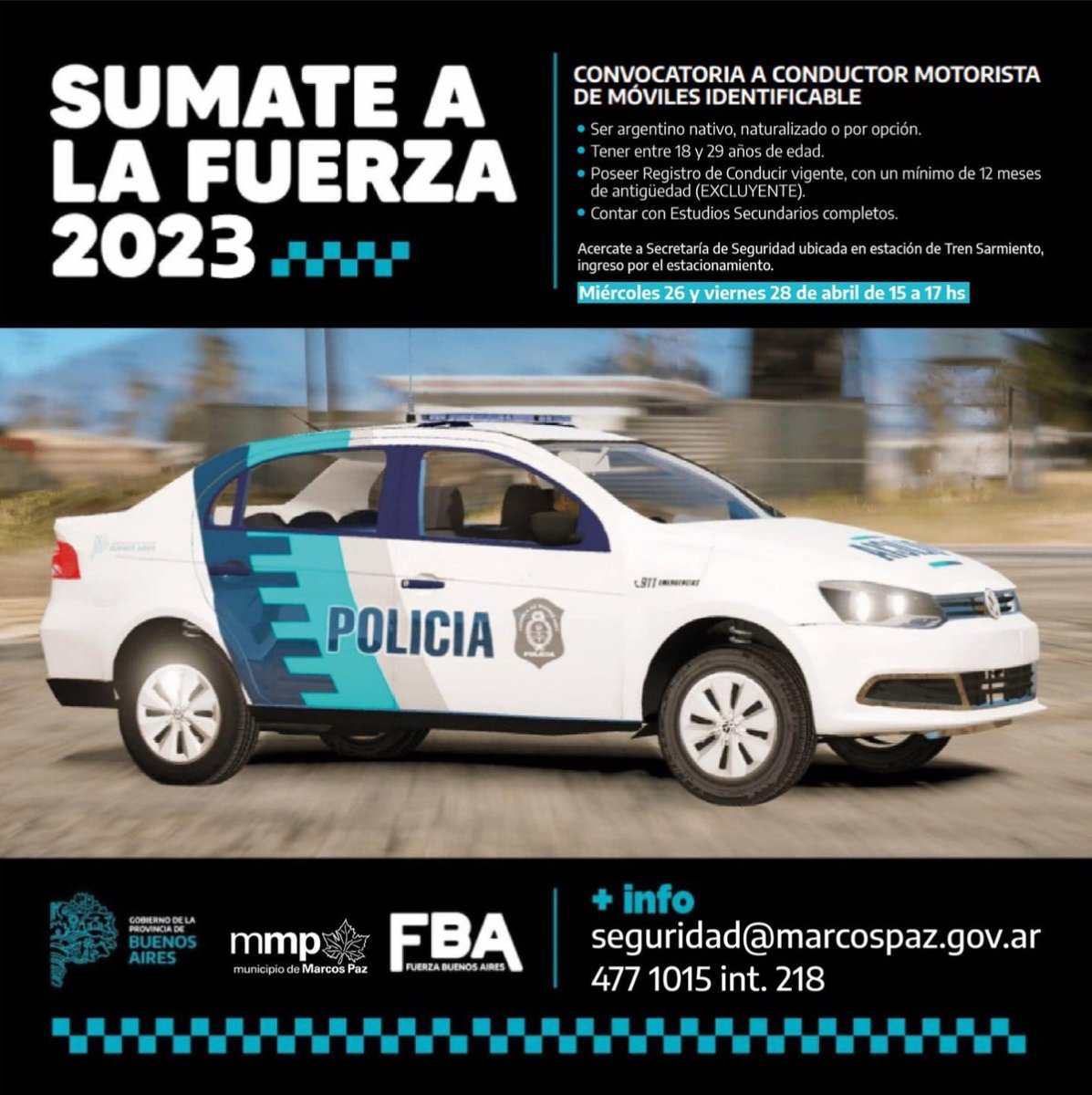 Marcos Paz busca conductores para m&oacute;viles policiales.