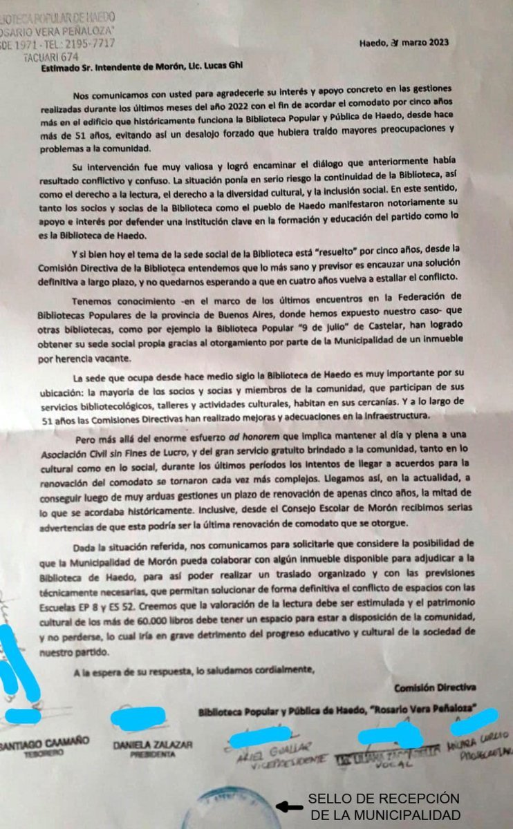 La carta de la Biblioteca Popular y P&uacute;blica de Haedo al Municipio de Mor&oacute;n.