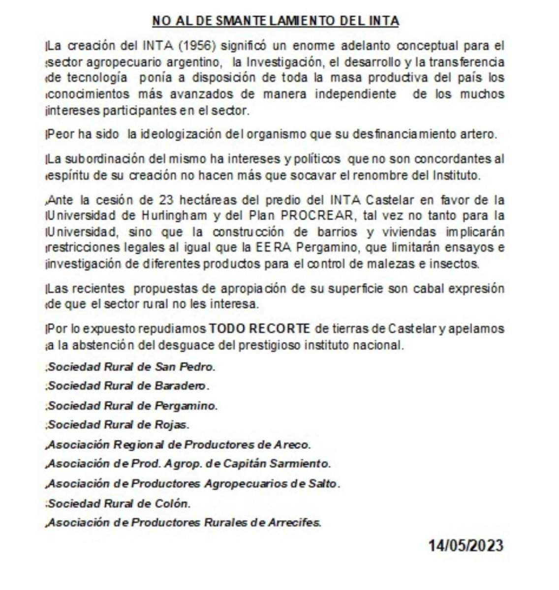 El comunicado en contra de las cesiones de tierras en Hurlingham.