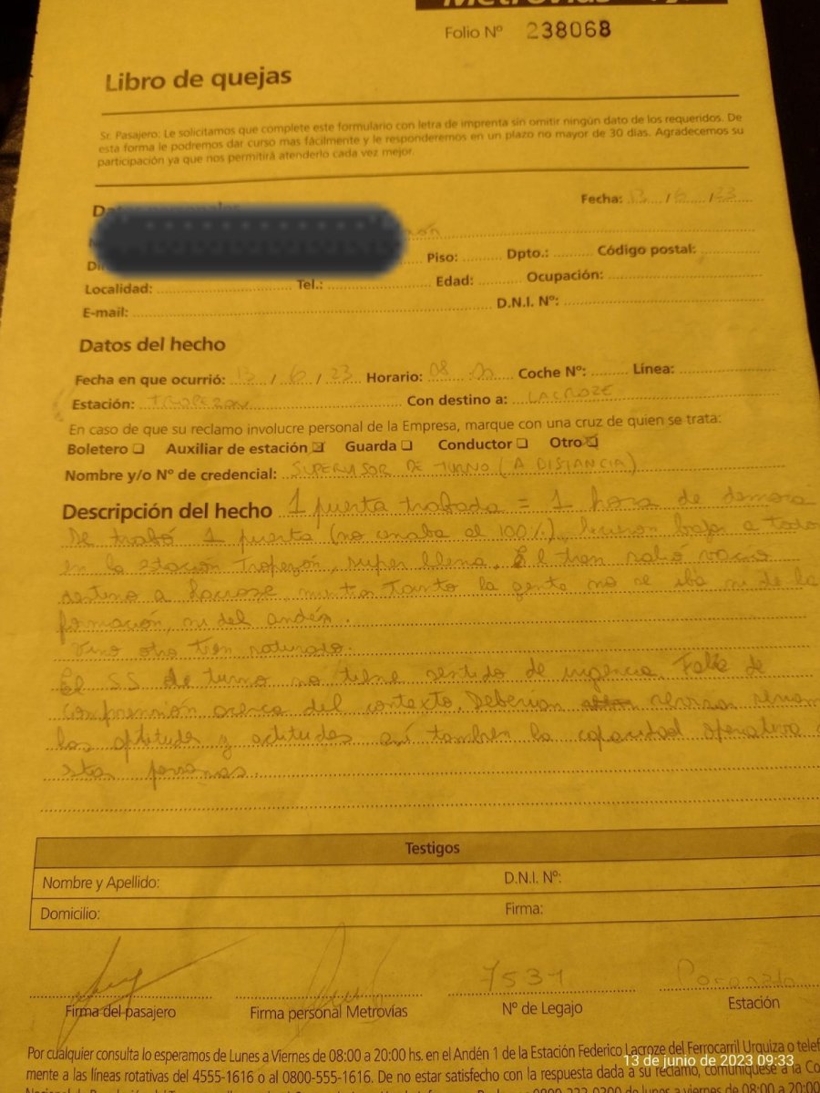 Una de las quejas dejadas a la administraci&oacute;n del Tren Urquiza.