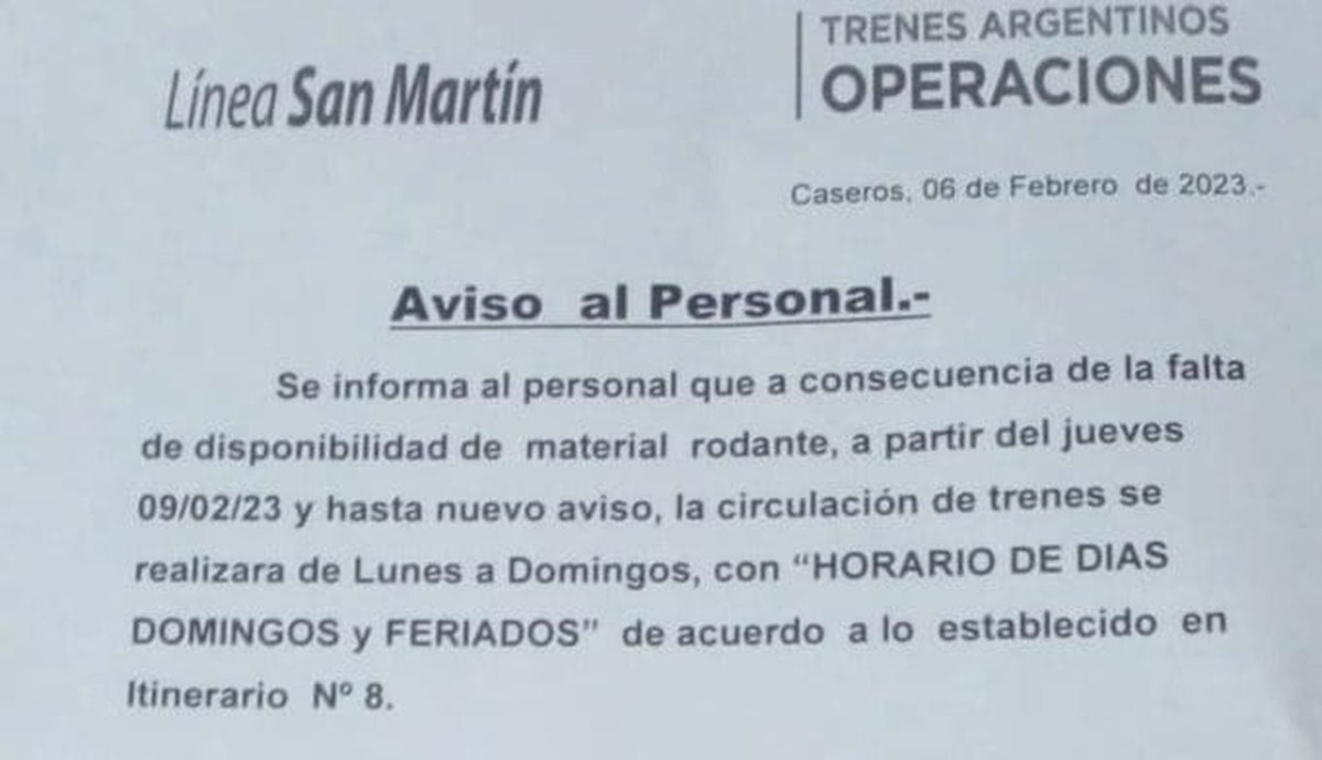 El aviso que indica la reducci&oacute;n de las frecuencias del Tren San Mart&iacute;n.