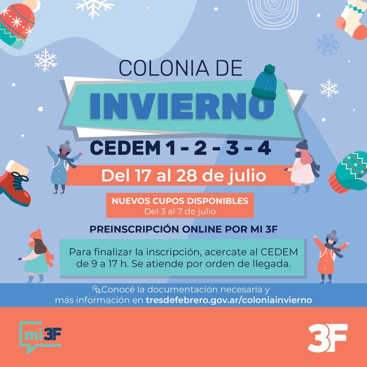 Tres de Febrero anunci&oacute; que se abrieron nuevos cupos para la Colonia de Invierno.