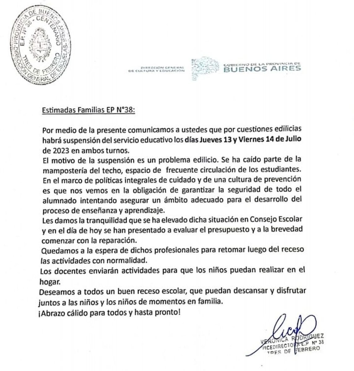 El comunicado de la Escuela Primaria N&deg;38 de Loma Hermosa.