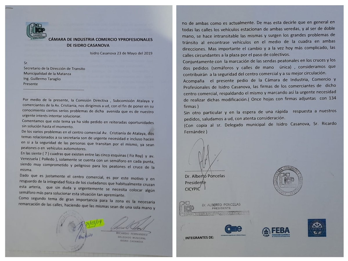 El petitorio oficial de la C&aacute;mara de Comercio de Isidro Casanova.