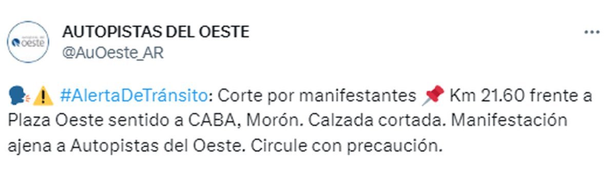 Acceso Oeste: corte por manifestantes en Mor&oacute;n.