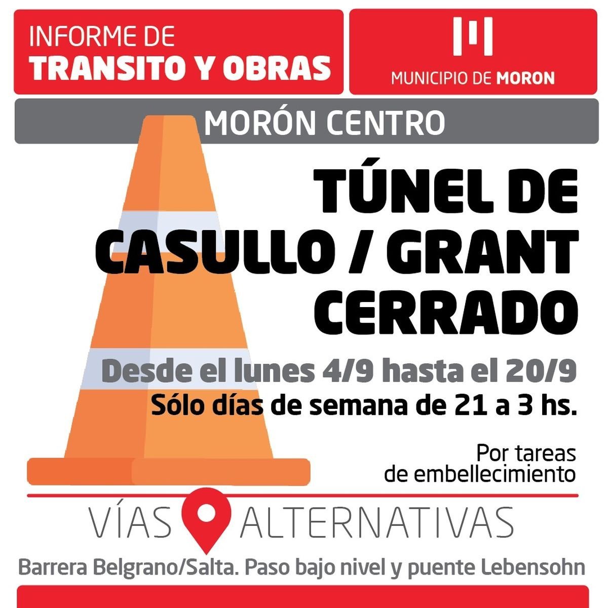Mor&oacute;n: cerrar&aacute;n por la noche el t&uacute;nel de Casullo.