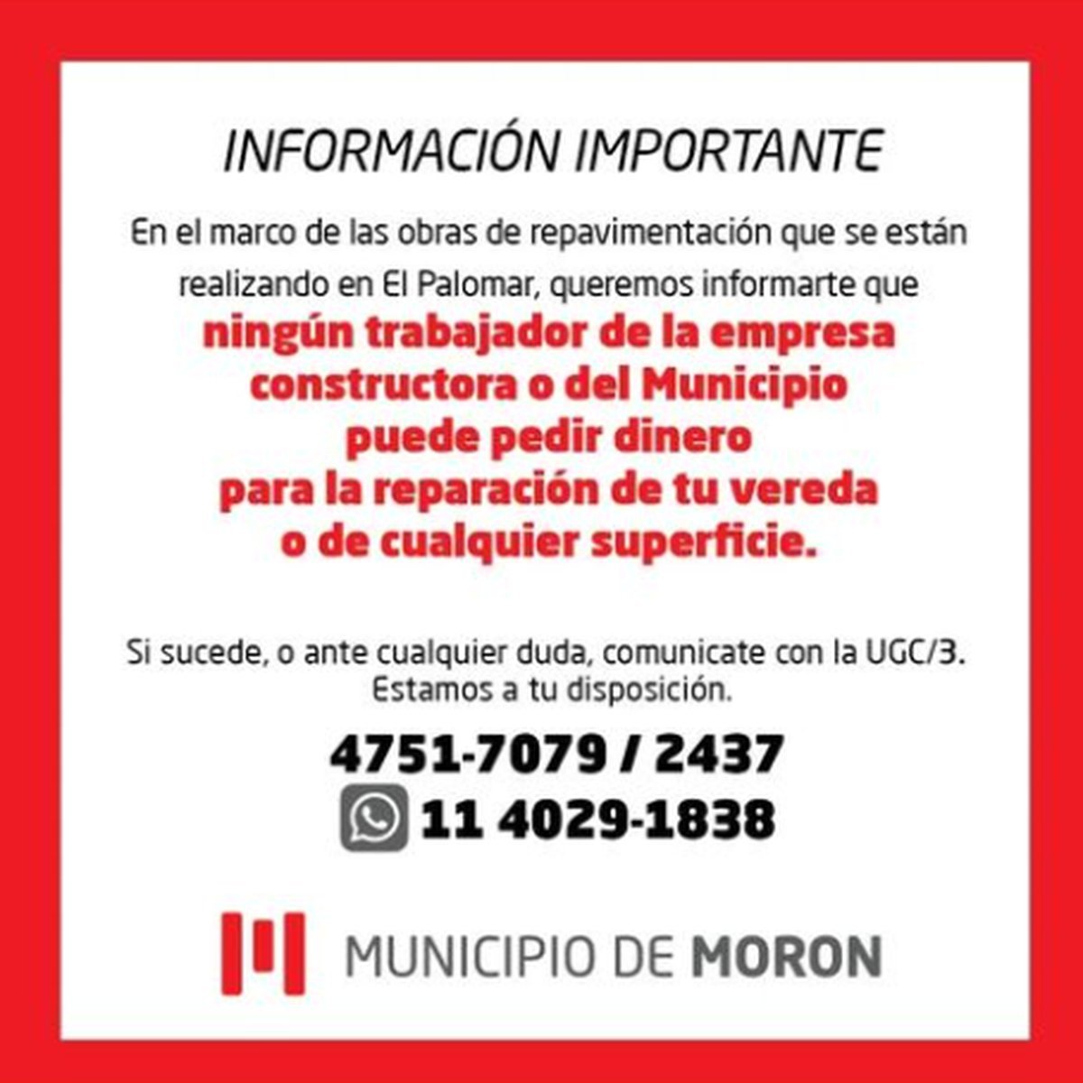 Mor&oacute;n: alertan a los vecinos por posibles estafas.