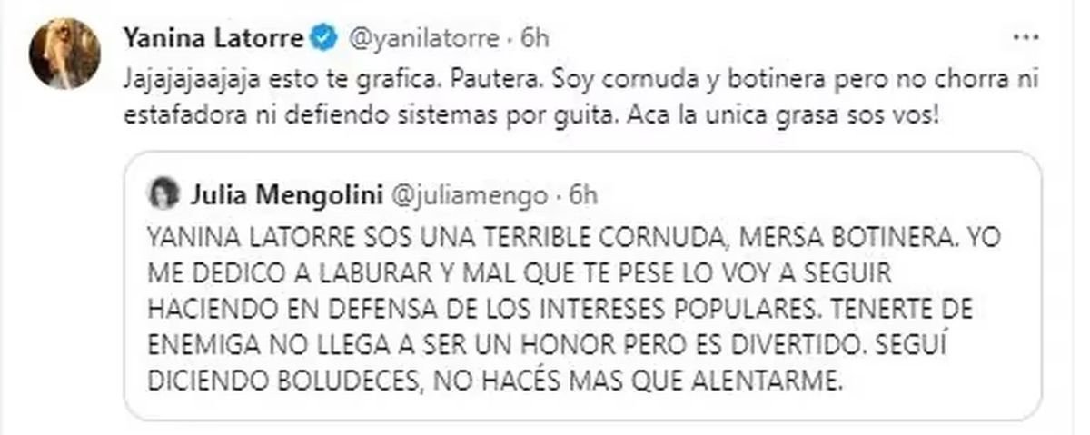Yanina Latorre le respondi&oacute; a Julia Mengolini a trav&eacute;s de sus redes sociales