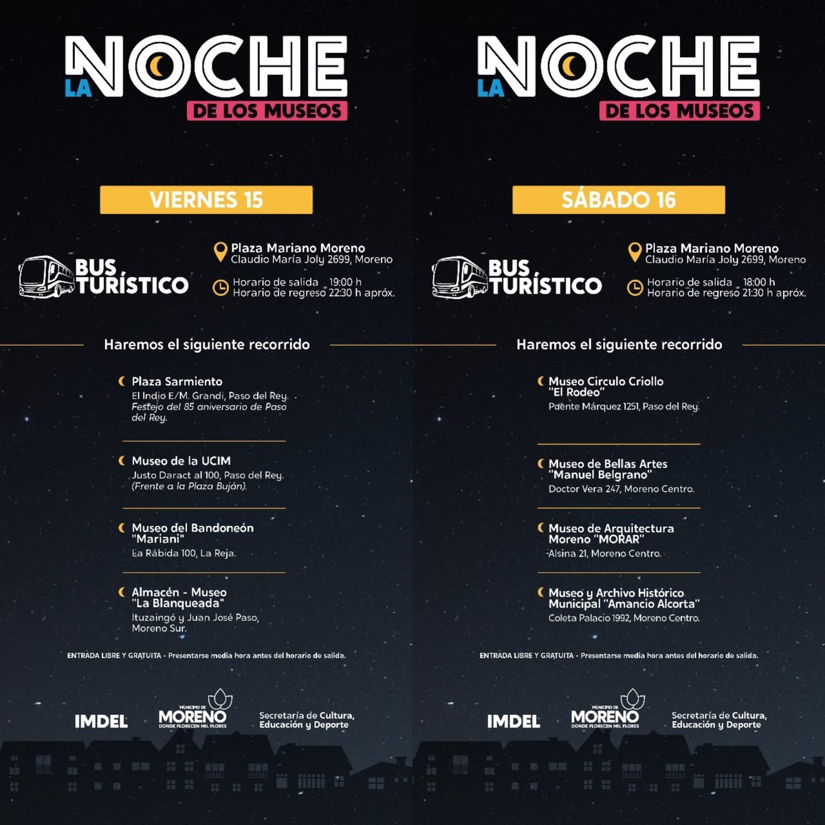 Los recorridos del bus tur&iacute;stico para la Noche de los Museos de Moreno.