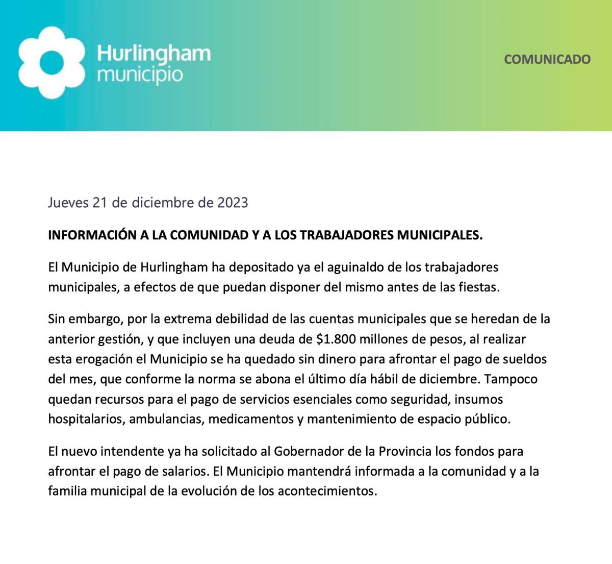 El comunicado oficial del Municipio de Hurlingham.