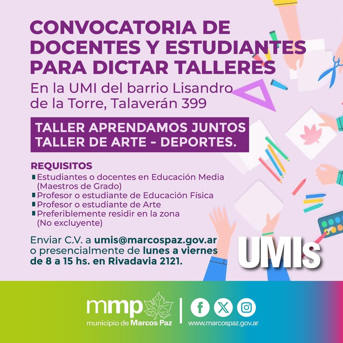 Marcos Paz convoca a docentes para dictar varios talleres.