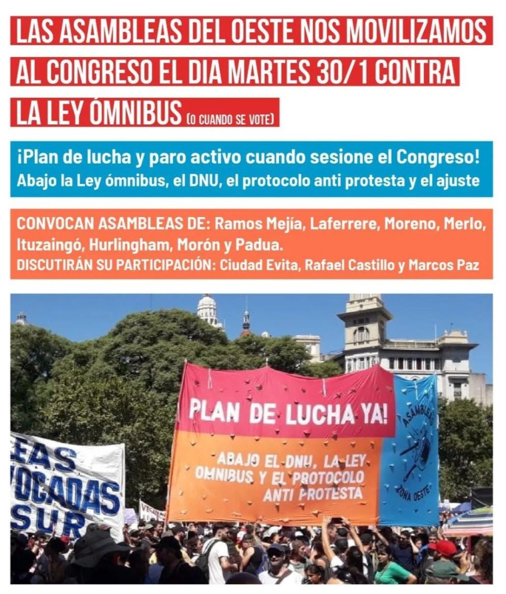Asambleas del Oeste convocan a una movilizaci&oacute;n este martes.