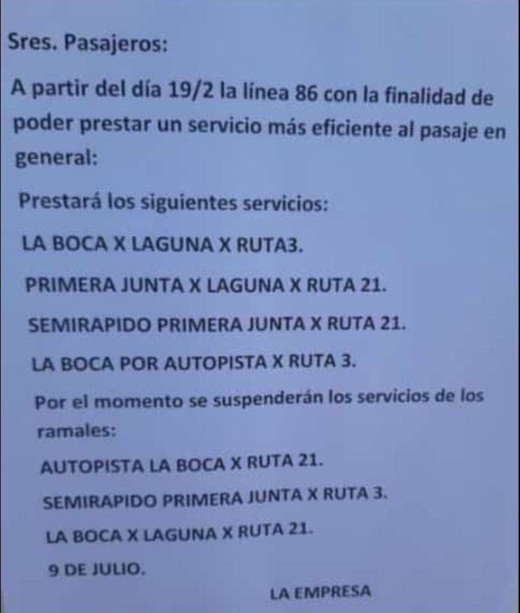 El comunicado sobre la l&iacute;nea 86 en La Matanza.