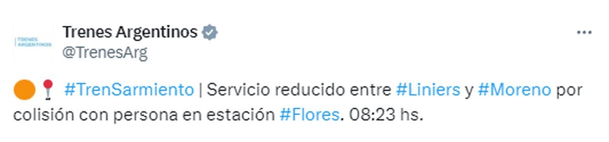 El Tren Sarmiento funciona entre Liniers y Moreno.