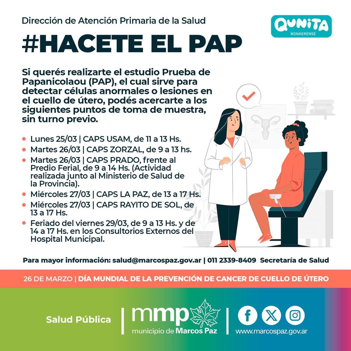 Marcos Paz realizar&aacute; ex&aacute;menes de PAP gratuitos por el D&iacute;a Mundial de la Prevenci&oacute;n de C&aacute;ncer de Cuello Uterino.