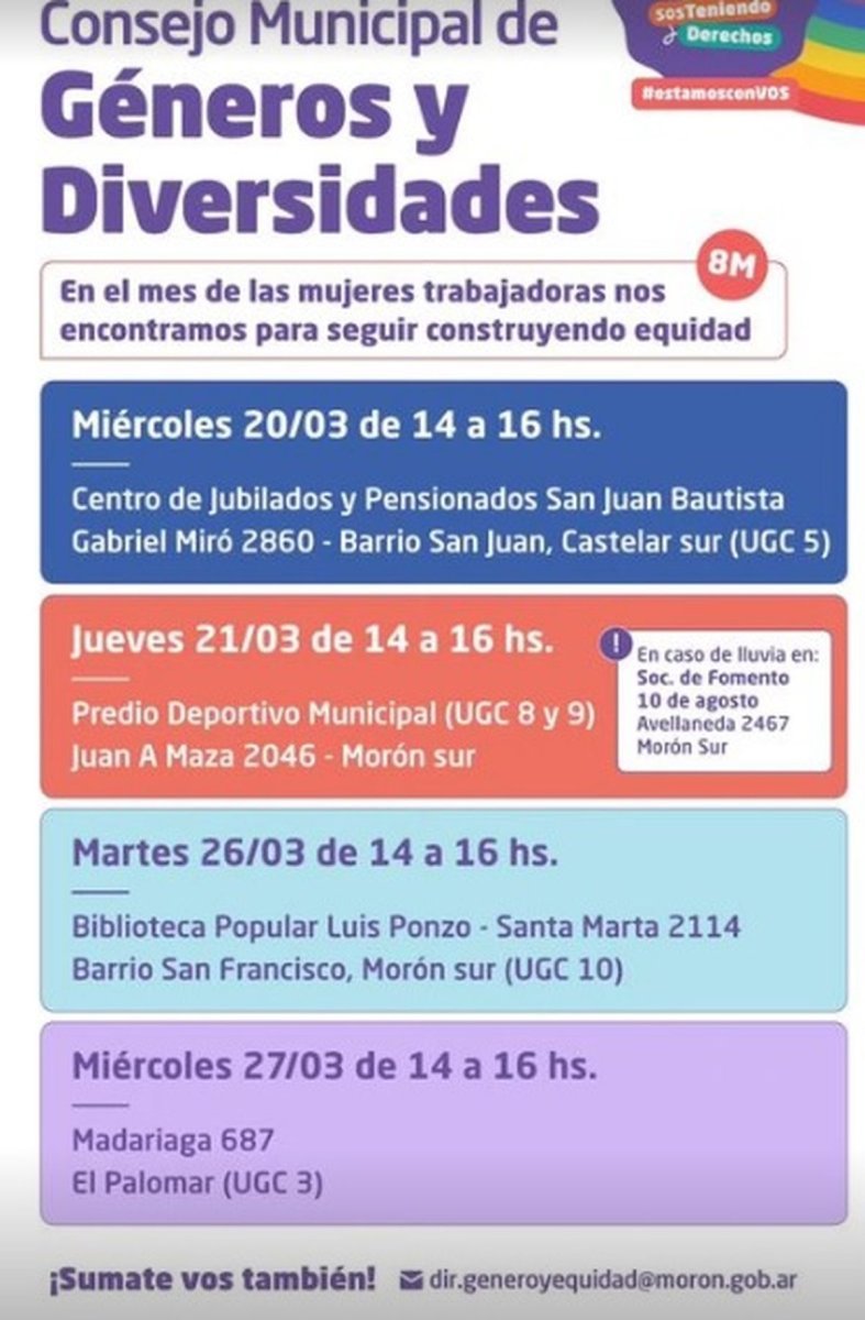 D&iacute;as, horarios y lugares de las charlas que dar&aacute; el Consejo municipal de g&eacute;neros y diversidades en mor&oacute;n.
