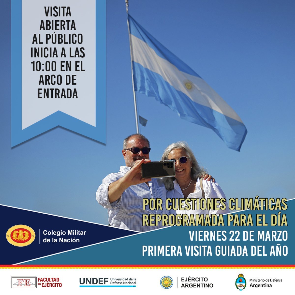 El flyer de la primera visita guiada gratuita al Colegio Militar de la Naci&oacute;n en El Palomar.