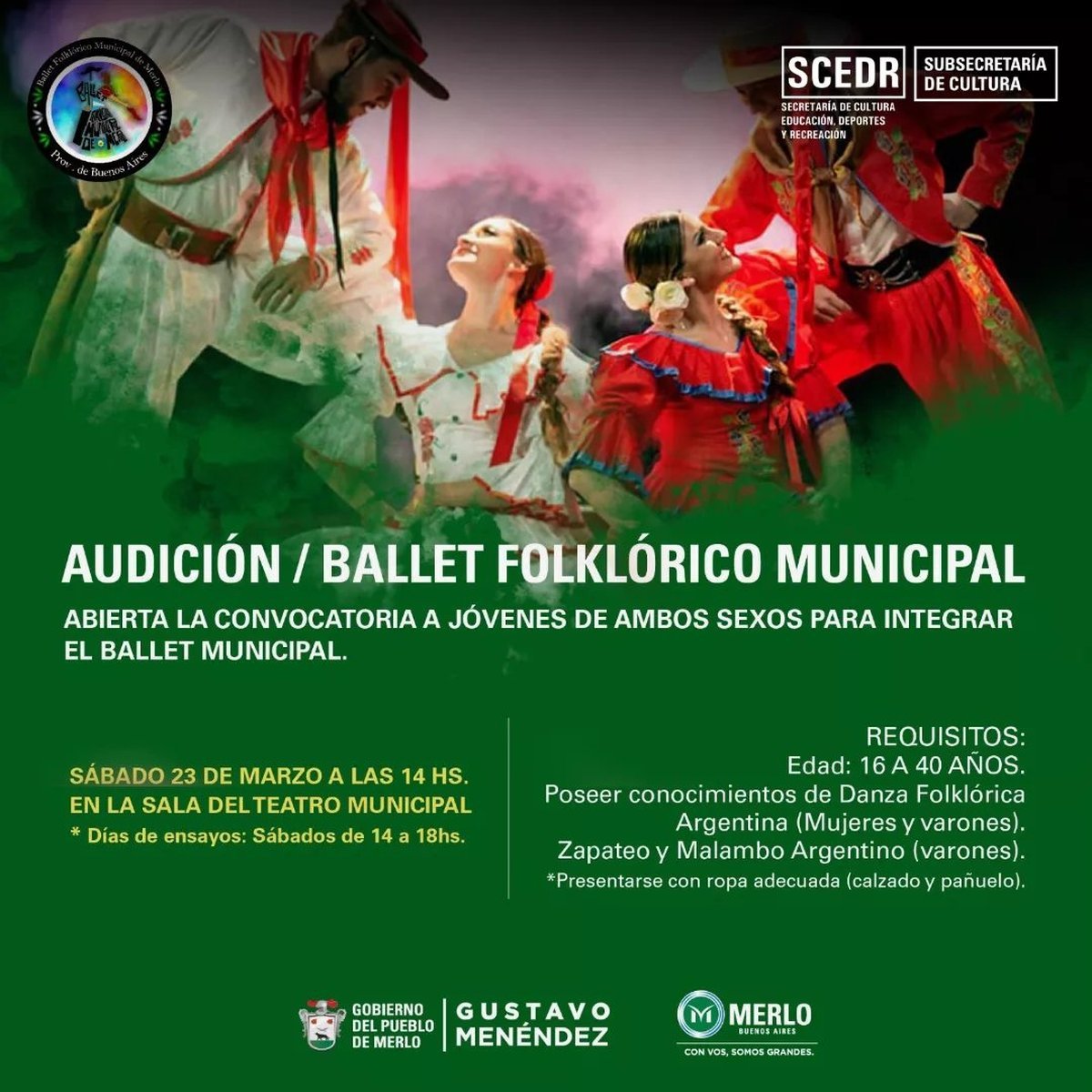 Merlo abrir&aacute; la convocatoria para el Ballet Folkl&oacute;rico del Municipio.