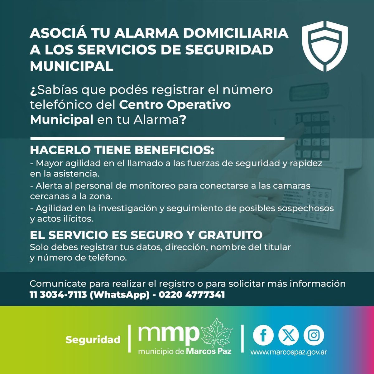 Marcos Paz invita a los vecinos a asociar su alarma domiciliaria a los servicios de seguridad municipal.